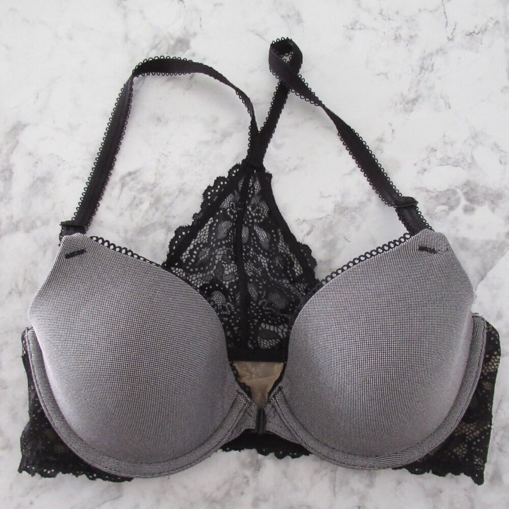 B Tempt'd by Wacoal Bra 34B Gray Black Lace Underwire Front Closure 953332